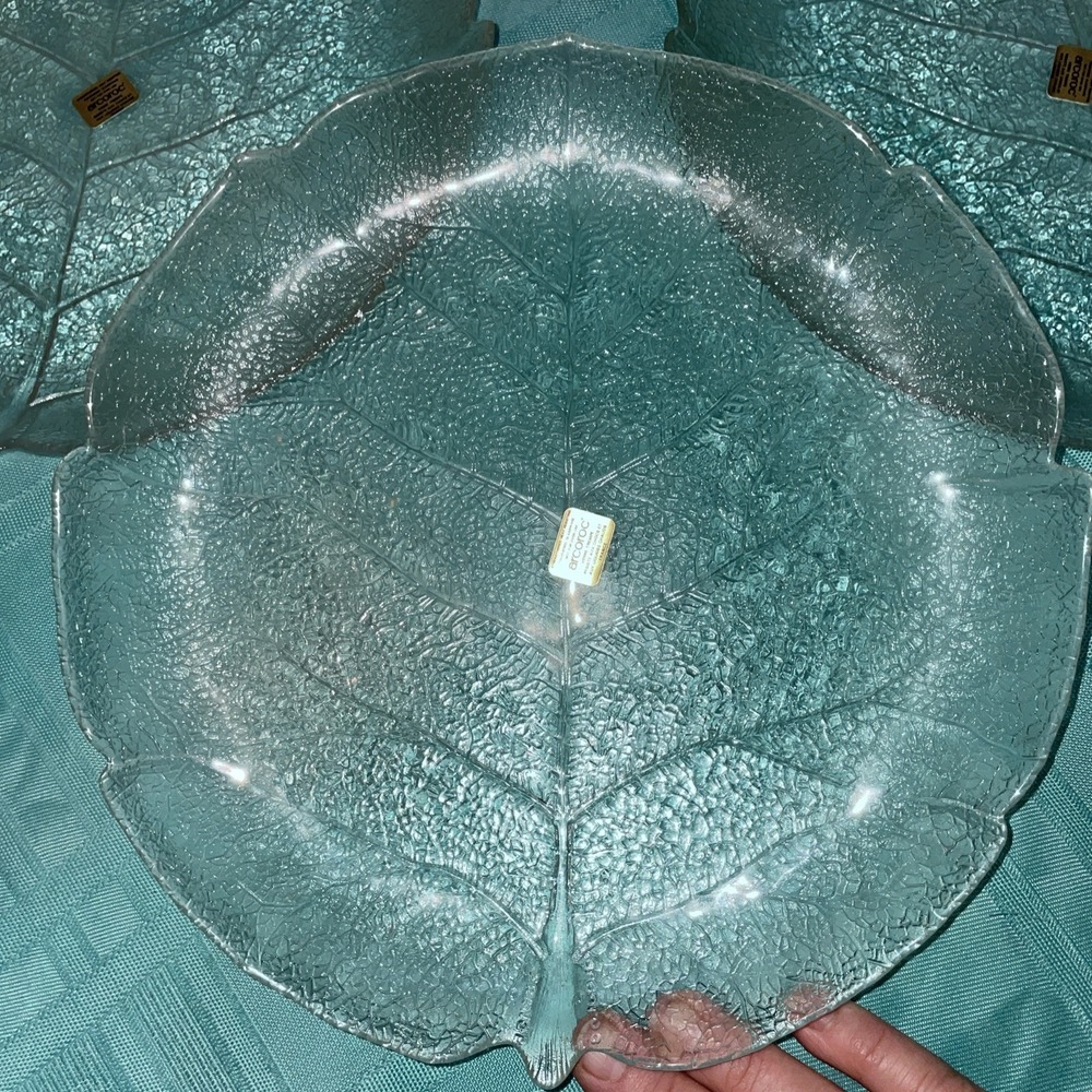 Set Of 5 Arcoroc France Aspen Leaf Clear‎ Textured Glass Dinner Plates